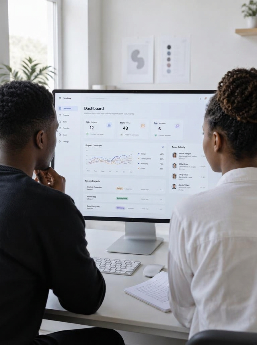 Two designers reviewing a dashboard
