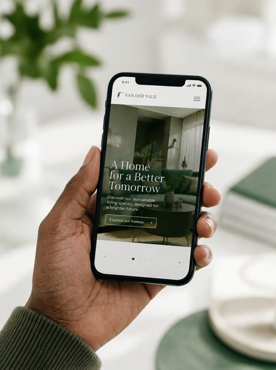 Hand holding a phone showing an elegant website