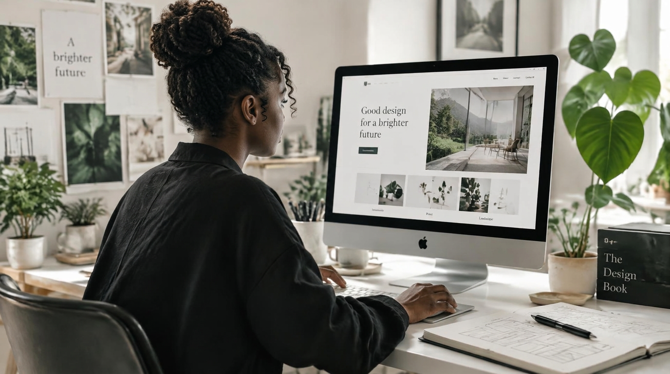 Designer working on a website layout in a bright studio
